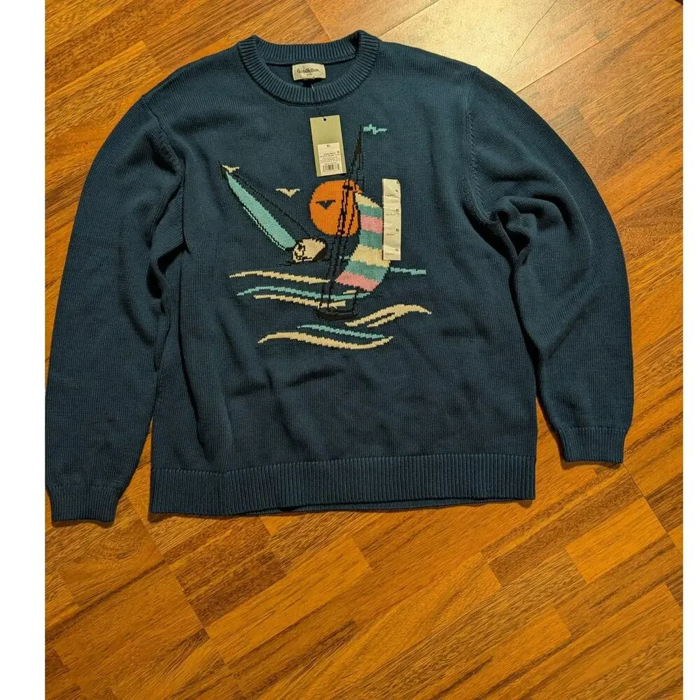 Goodfellow & Co Mens XL Knitted Crewneck Sweater Navy Sailboat NWT